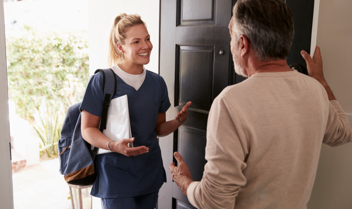 A licensed nurse entering a patient’s home for an in-home care visit, representing House Call The App’s convenient, on-demand nursing services available across South Florida.